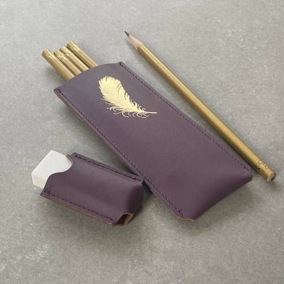 Recycled Leather Stationery Set Including Pencil Pouch, 5 HB Pencils, and a Rubber