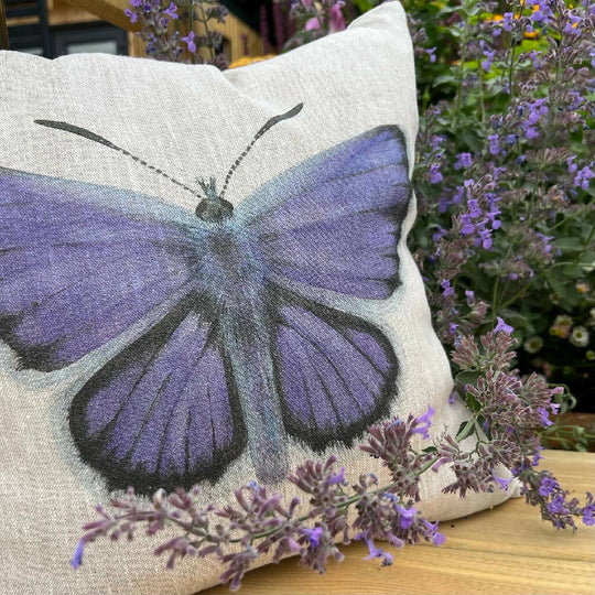 Linen Silver Studded Blue Butterfly Cushion