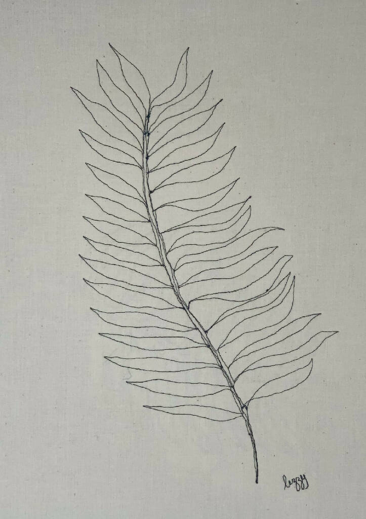 Machine Stitched Fern Leaf in Black Cotton Artwork