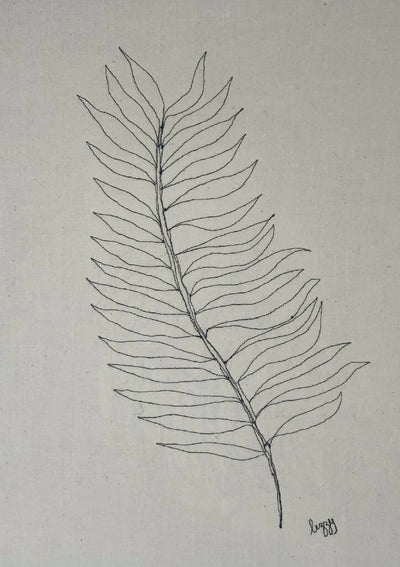 Machine Stitched Fern Leaf in Black Cotton Artwork