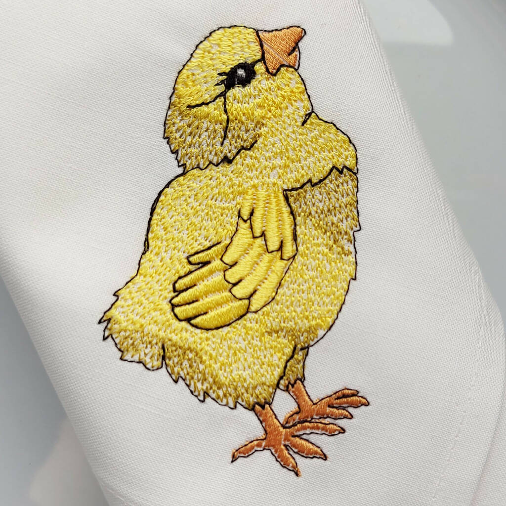 Close Up of Embroidered Ivory Cotton Little Chick Napkin by Kate Sproston Design