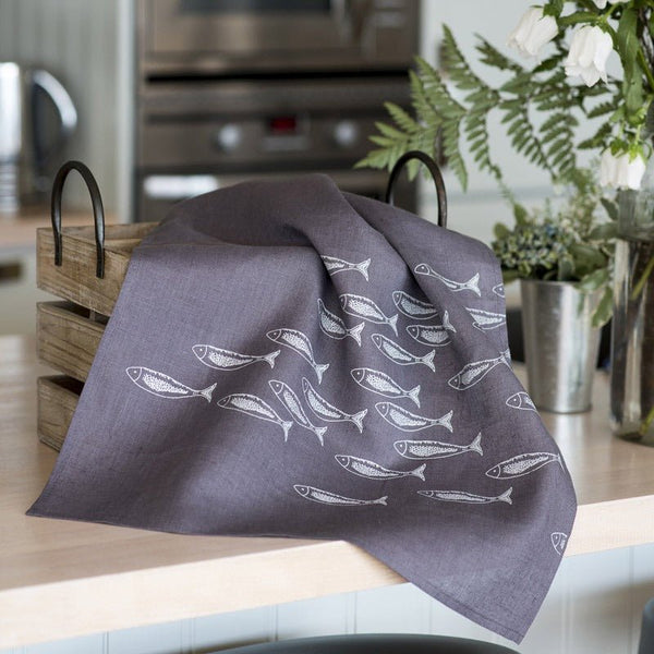 Linen Tea Towel – Fish Design, Hand Printed