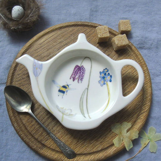 Bee and Spring Flower Bone China Teabag Tidy