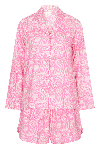 Hand Block Printed Cotton PJ Shorts set - Pink Paisley