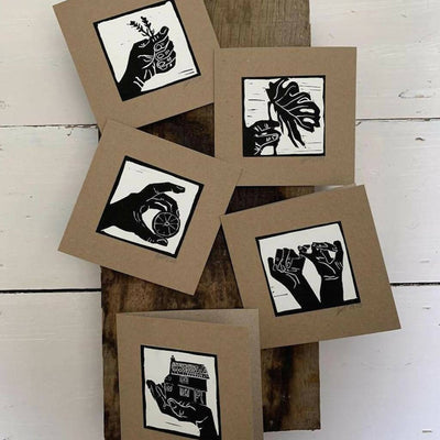 Bouclé 'Hands Full' Hand-Printed Linocut Greetings Card Set of 5 Cards