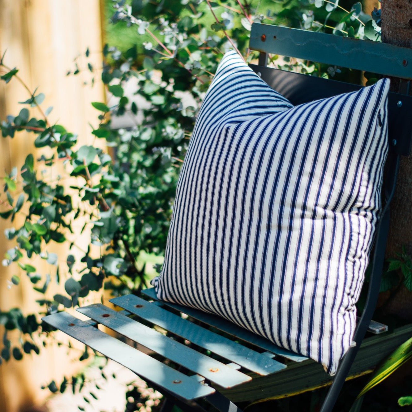 Navy Blue Striped Cotton Ticking Cushion
