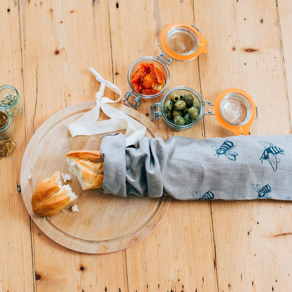 Linen Baguette Bread Bag with Bee Design