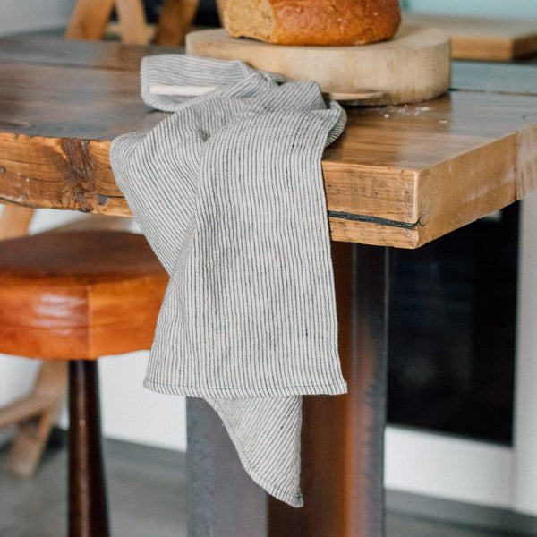 Pure Linen Tea Towel - Dark Blue Stripes