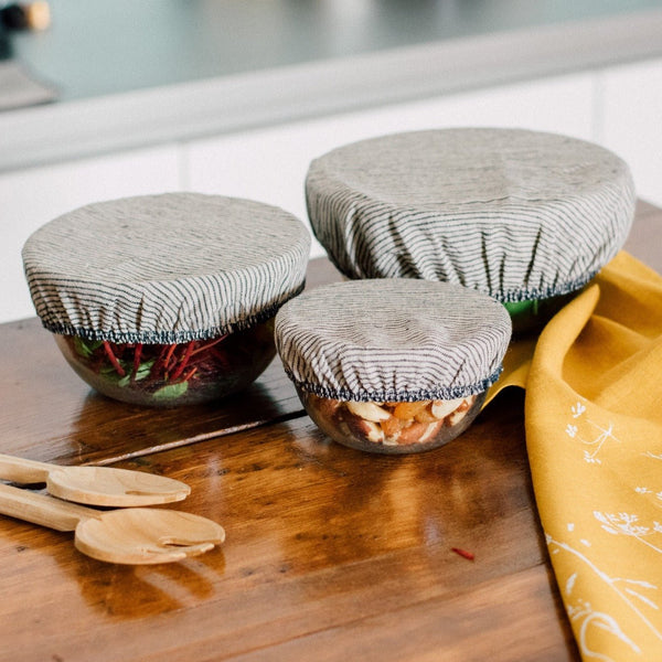 Striped Reusable Linen Bowl Covers Set