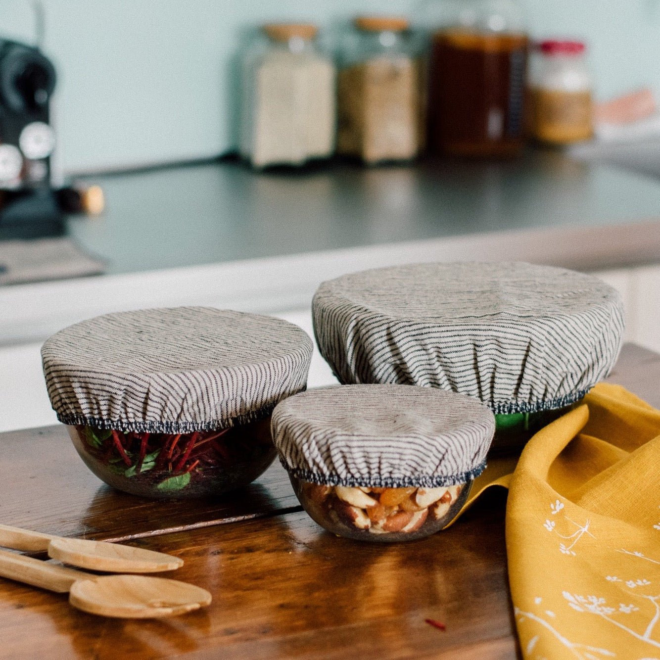 Striped Reusable Linen Bowl Covers Set