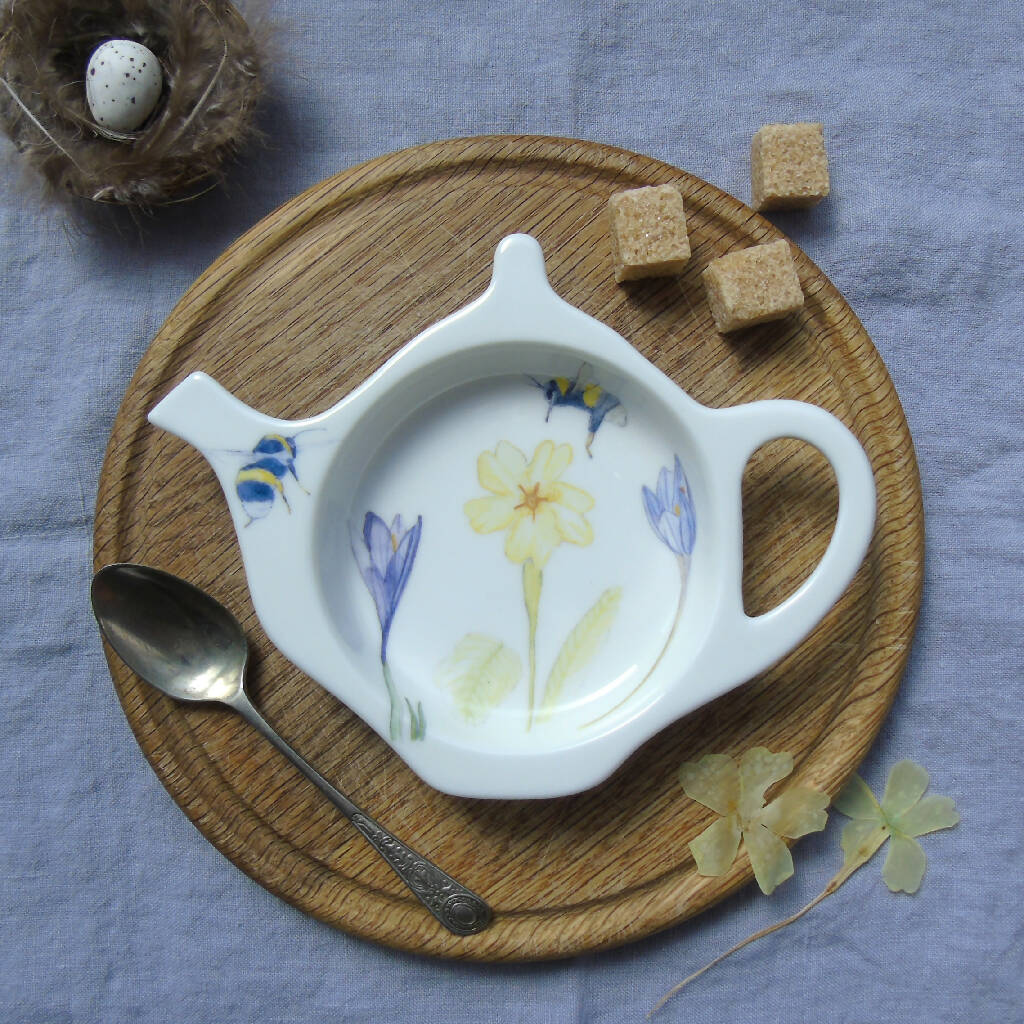 Bee and Spring Flower Bone China Teabag Tidy