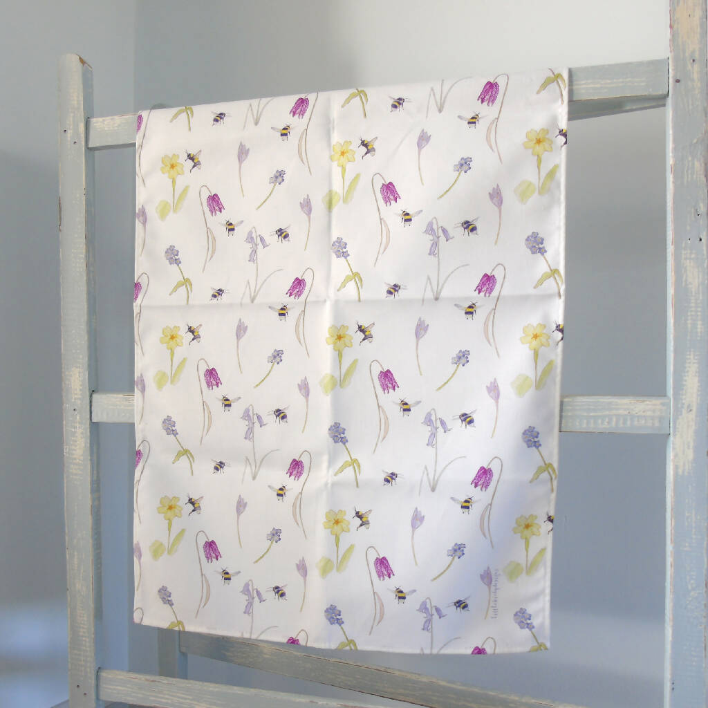 Bee and Spring Flowers Premium Cotton Tea Towel