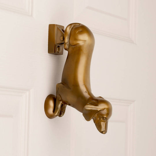 Huxley Dachshund Door Knocker in Aged Brass