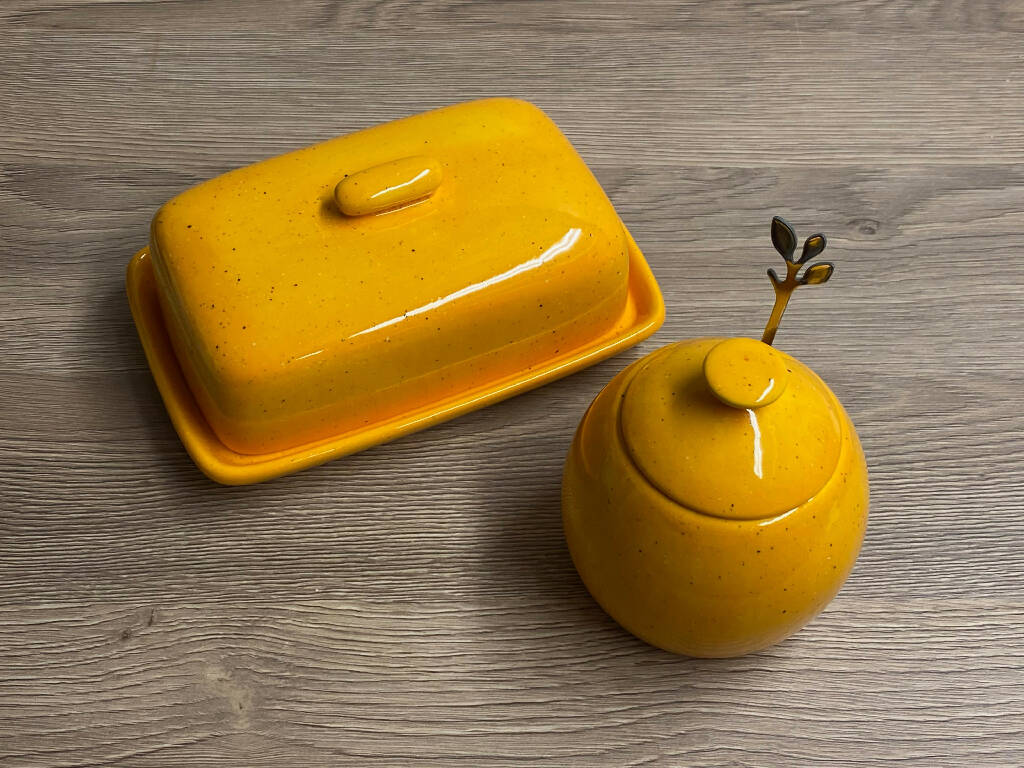 Butter Dish and Sugar Bowl in Yellow Speckle Glaze