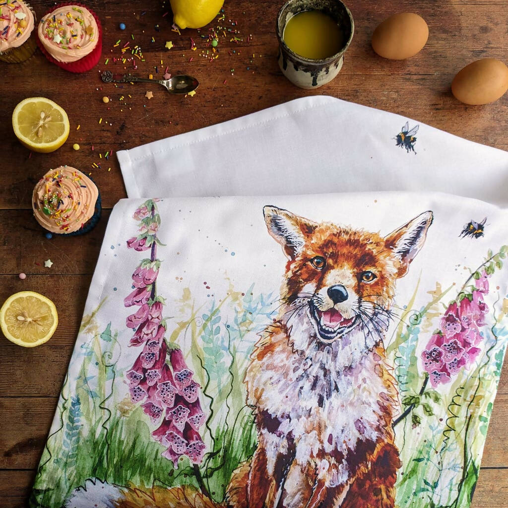 Fox and Foxgloves Cotton Tea Towel