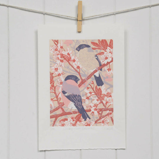 Cherry Plum Bullfinches - Limited Edition - Original Linocut Print