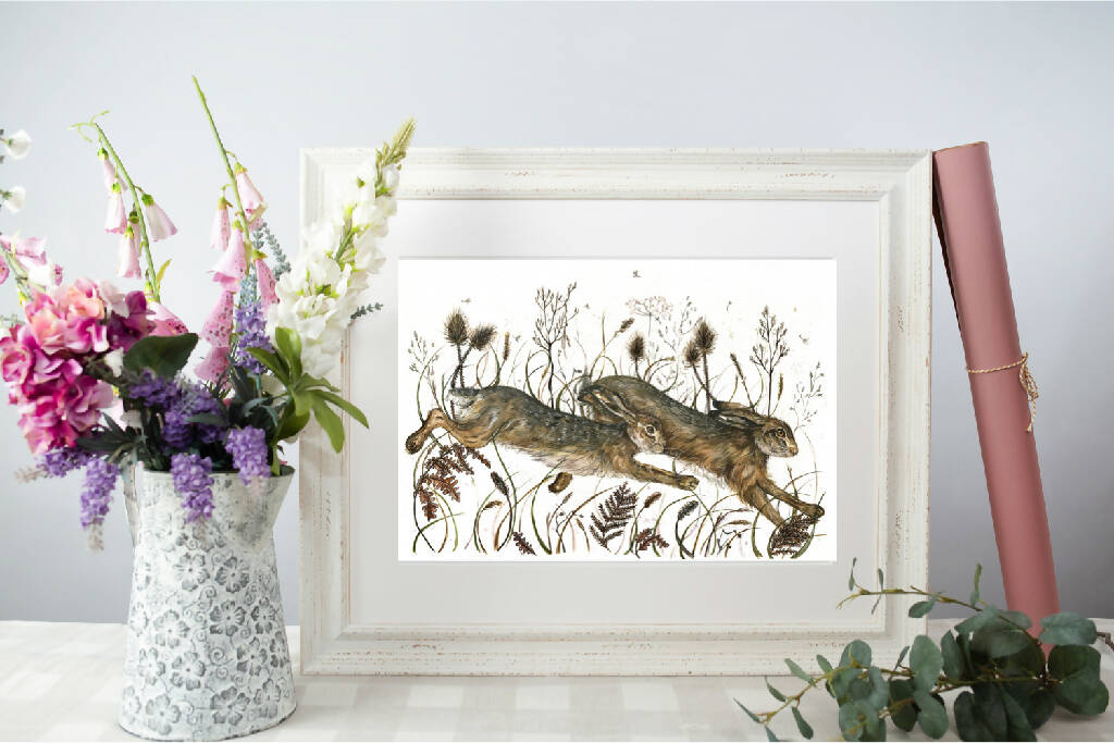 Running Hares with Teasels 'Marbury Mornings' Limited Edition Print
