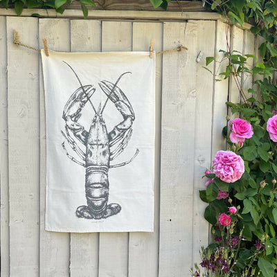 Set of Two Natural Cotton Tea Towels ~ Crab and Lobster