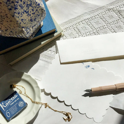 Letterpress Scalloped-Edge Flat Notecard - Blue Floral Motif
