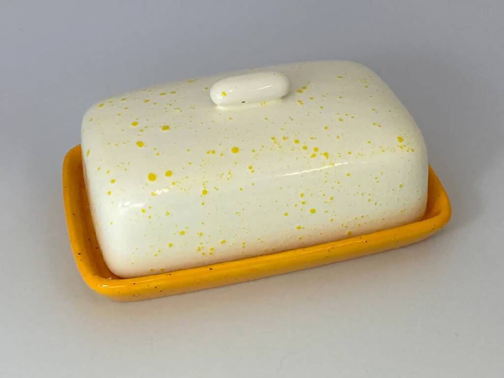 Butter Dish with White Lid and Yellow Spots