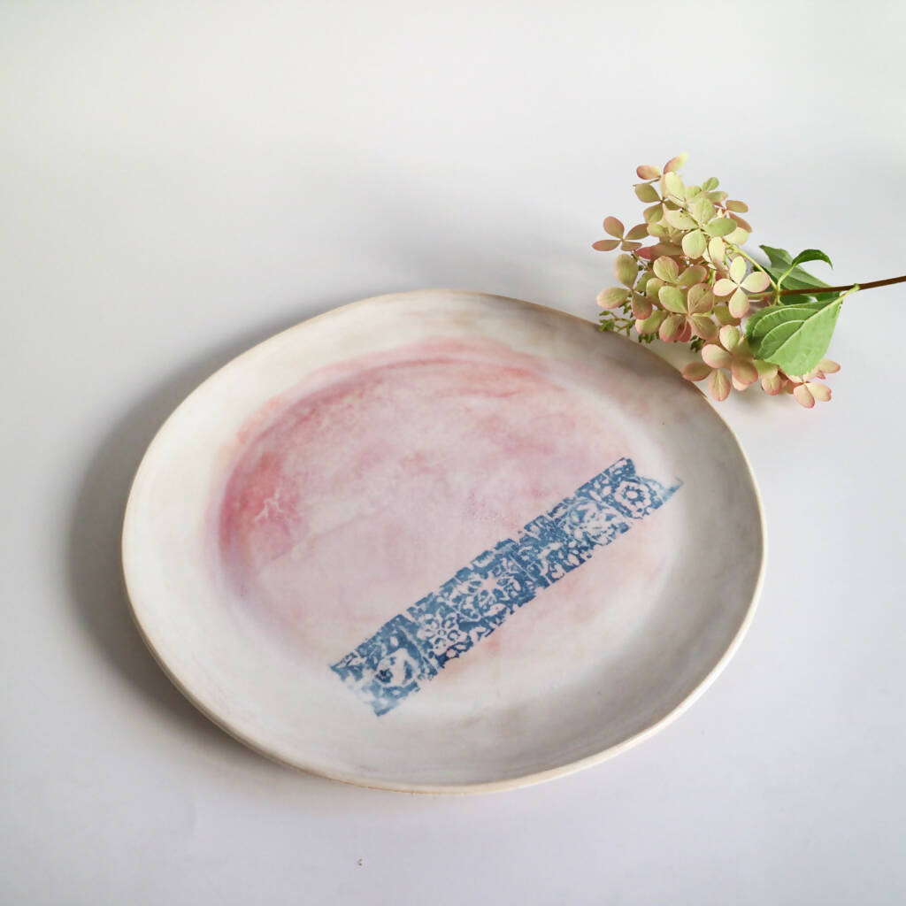 Stoneware Clay Plate In Pink Watercolour Design