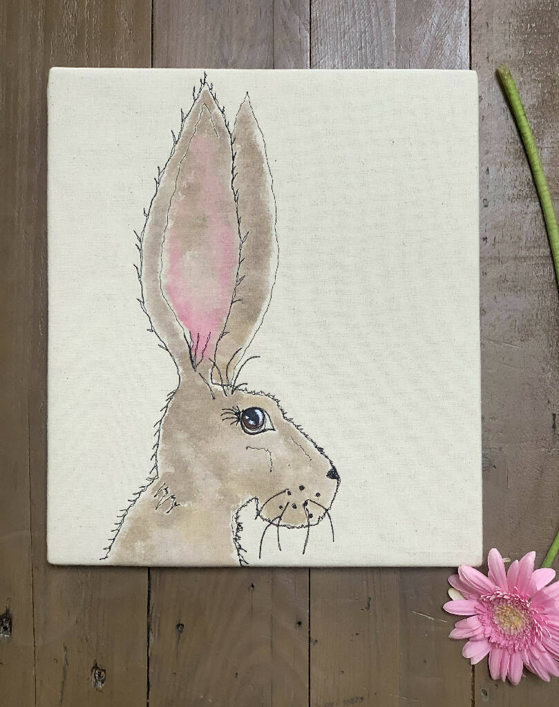 Hand Painted and Free Machine Stitched Rabbit Artwork