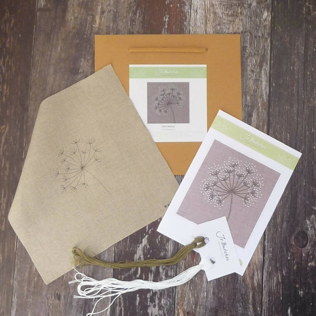 Cow Parsley Embroidery Kit on Beige Linen