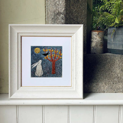 The Brightening Air Framed Embroidered Artwork with White Hare and Blackbird in the Midnight Garden