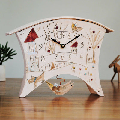 Large Mantel Clock with Pendulum Decorated with Houses, Trees and Birds
