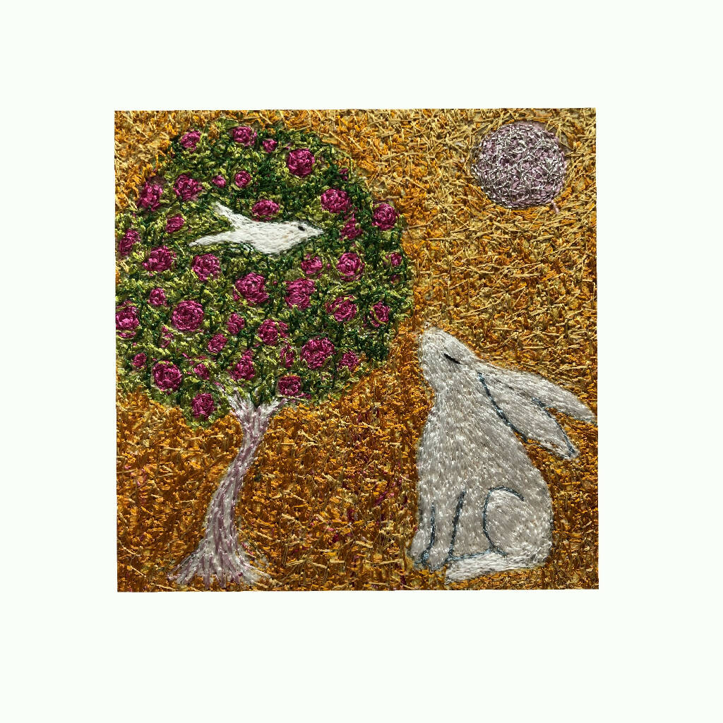 Night Garden Framed Embroidered Artwork with White Hare, Caladrius the Healing Bird and Rose Tree 2