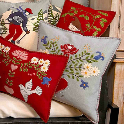 Alpine Doves Wool Cushion with Hand Embroidery