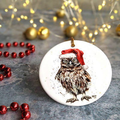 Santa Owl Personalised Ceramic Christmas Ornament