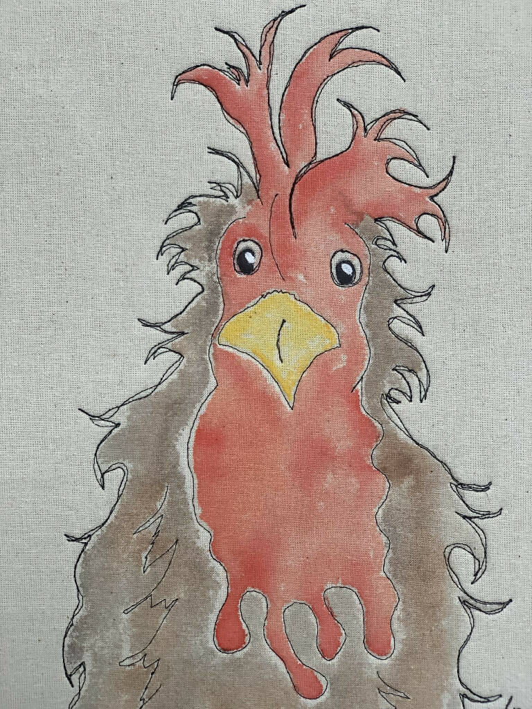 Hand Painted and Machine Stitch Fabric Artwork of a Funky Chicken