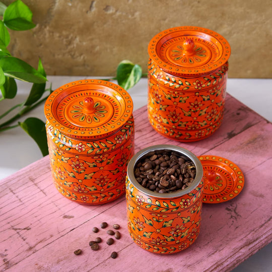 Kitchen Storage Steel Containers - Orange & Flower Pattern