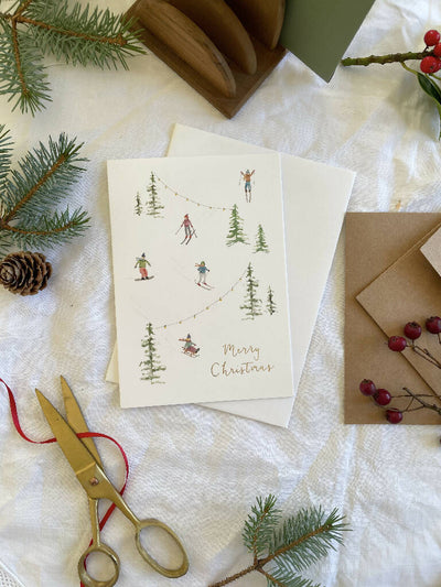 Skiers and Chalet Snowy Mountain Christmas Card Set