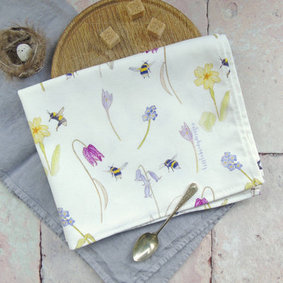 Bee and Spring Flowers Premium Cotton Tea Towel