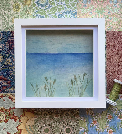 Box Frame Sea Scene with Watercolour Paint and Free Machine Stitch Grasses Art Work