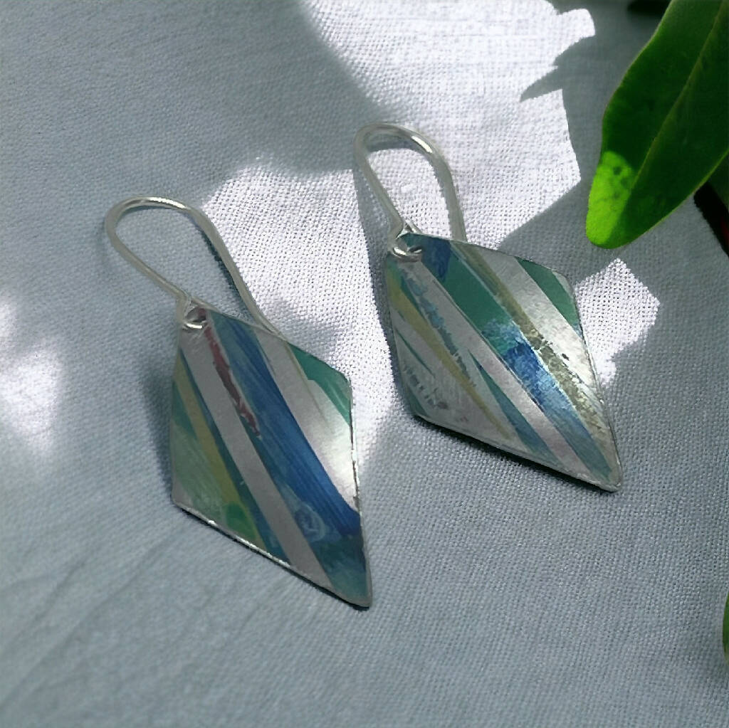 Iris Inspired Green and Blue Stripe Aluminium Earrings