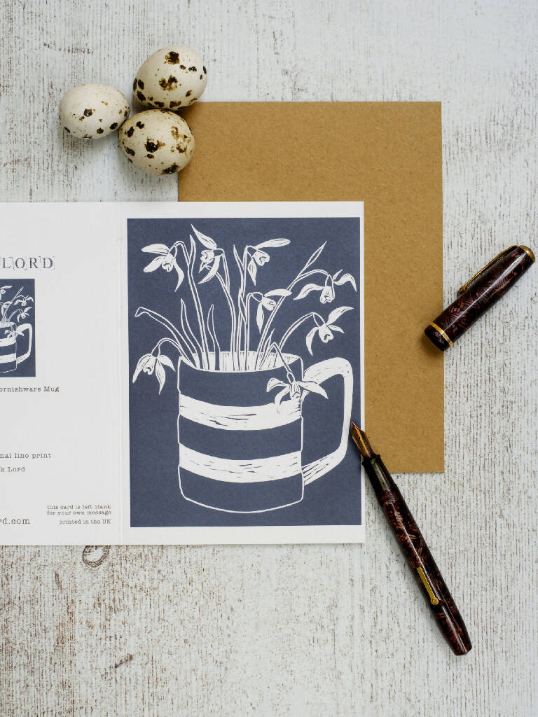 Snowdrops in Cornishware Mug A6 Lino Print Greeting Card