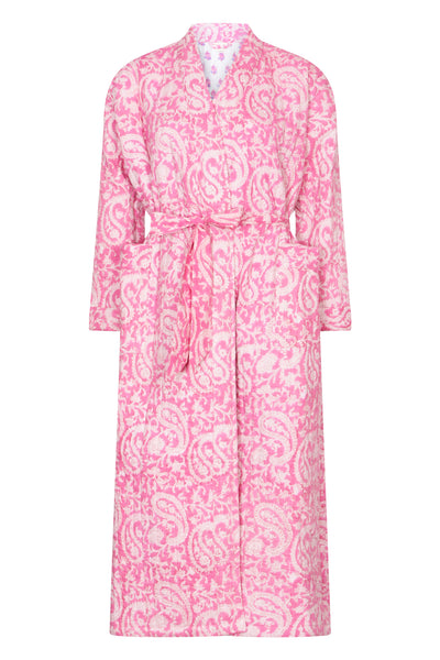 Luxury Quilted Hand Block Printed Robe - Paisley Pink