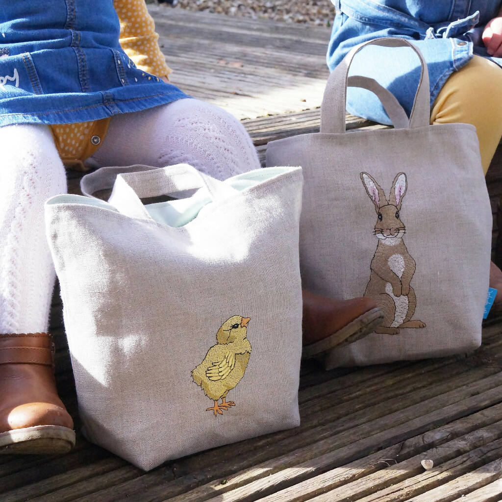 Embroidered Little Chick and Rabbit Easter Egg Hunting Bag by Kate Sproston Design