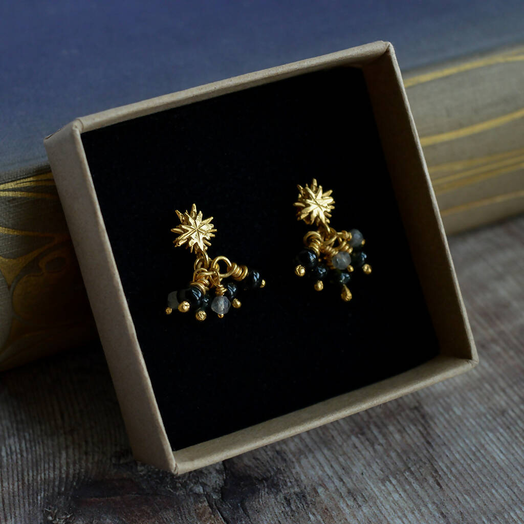 Gold Plated Silver Stars with Tourmalines and labradorite Drop Earrings