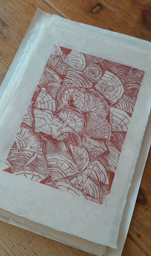 'Autumn Logpile' Linocut Print on Handmade Paper, in Terracotta