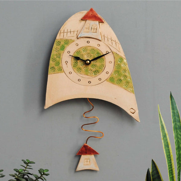 Ceramic Pendulum Wall Clock with Green Meadow and House