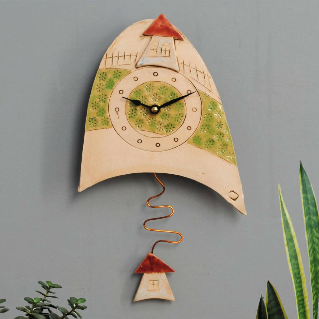 Ceramic Pendulum Wall Clock with Green Meadow and House