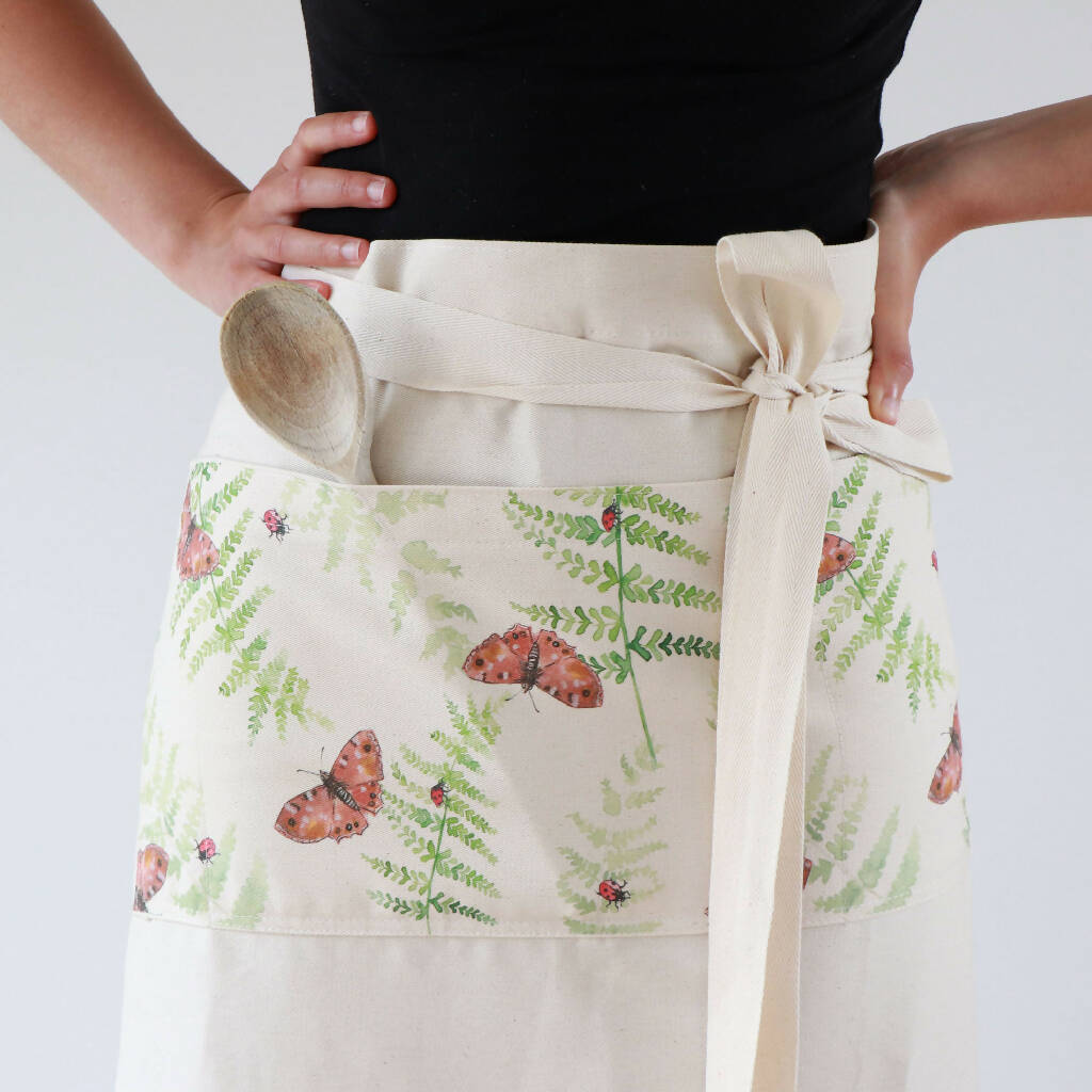 Natural Organic Half Wrap Around Pocket Butterfly and Fern Apron