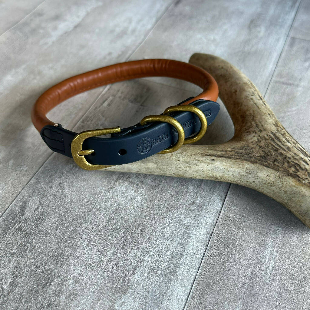 Rolled Leather Dog Collar Navy with Tan