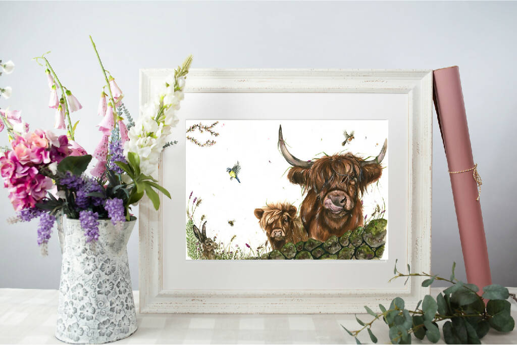 Highland Cows and Hare 'Spring Breeze' Limited Edition Print