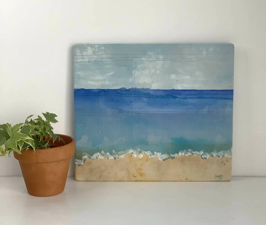 Watercolour and Machine Stitch Coastal Scene Wall Art