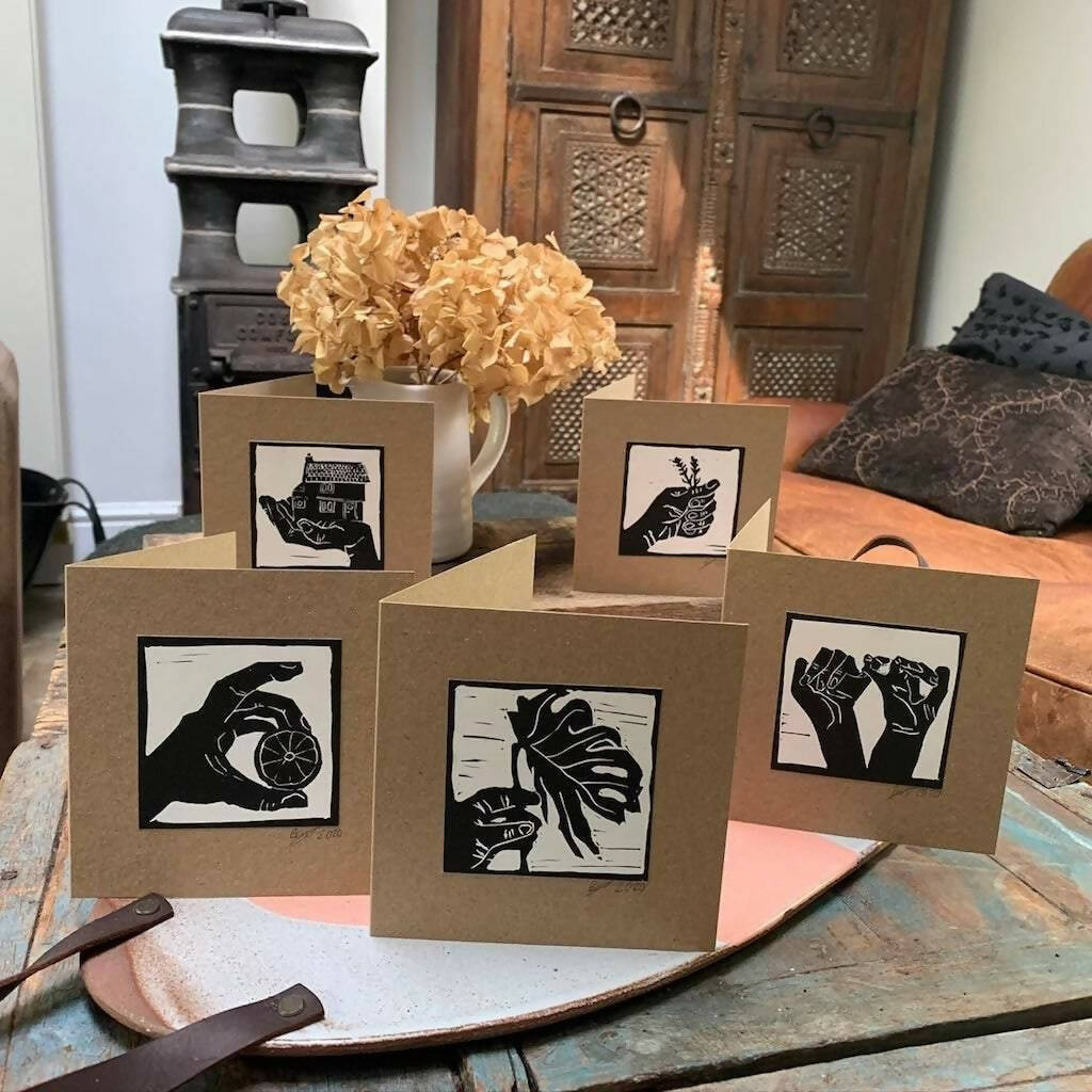 Bouclé 'Hands Full' Hand-Printed Linocut Greetings Card Set of 5 Cards